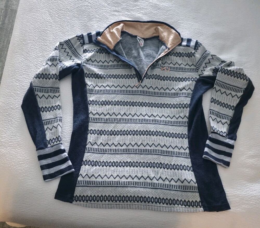 Kari Traa Women's XL 100% Wool 1/4 Zip Nordic Fair Isle Sweater Base Layer Blue